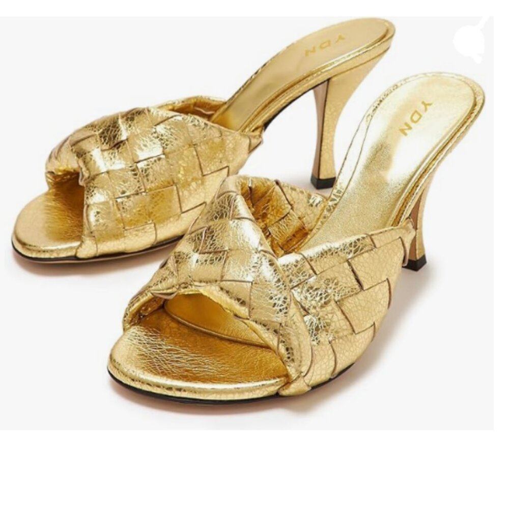 Ydn Gold Open Toe Checkered Pretty Mules High Spool Heels Slip On Slide Sandals
